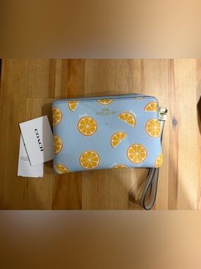 Coach Lemon Print Wristlet in Light Blue & Yellow